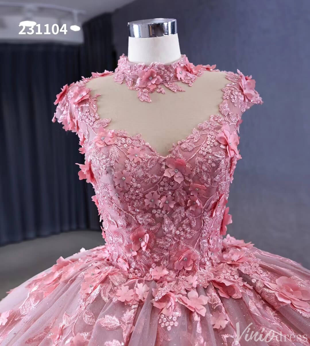 Pink Floral Princess Wedding Gown Cap Sleeve High Neck Quinceanera Dress 231104-Quinceanera Dresses 2025 -Viniodress-Pink-Custom Size-