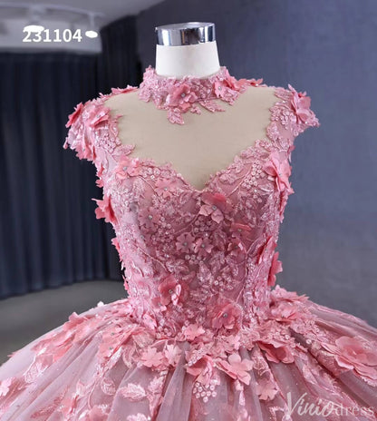 Pink Floral Princess Wedding Gown Cap Sleeve High Neck Quinceanera Dress 231104-Quinceanera Dresses 2025 -Viniodress-Pink-Custom Size-