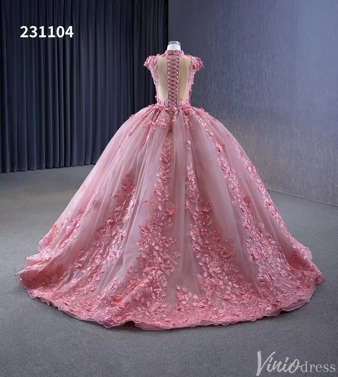 Pink Floral Princess Wedding Gown Cap Sleeve High Neck Quinceanera Dress 231104-Quinceanera Dresses-Viniodress-Viniodress