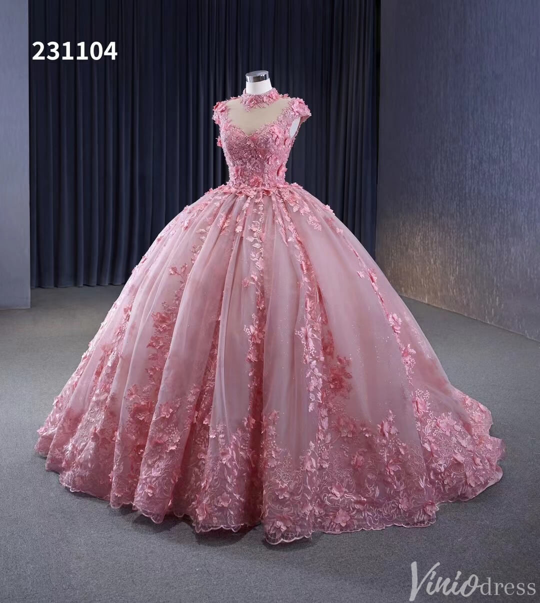 Pink Floral Princess Wedding Gown Cap Sleeve High Neck Quinceanera Dress 231104-Quinceanera Dresses-Viniodress-Viniodress