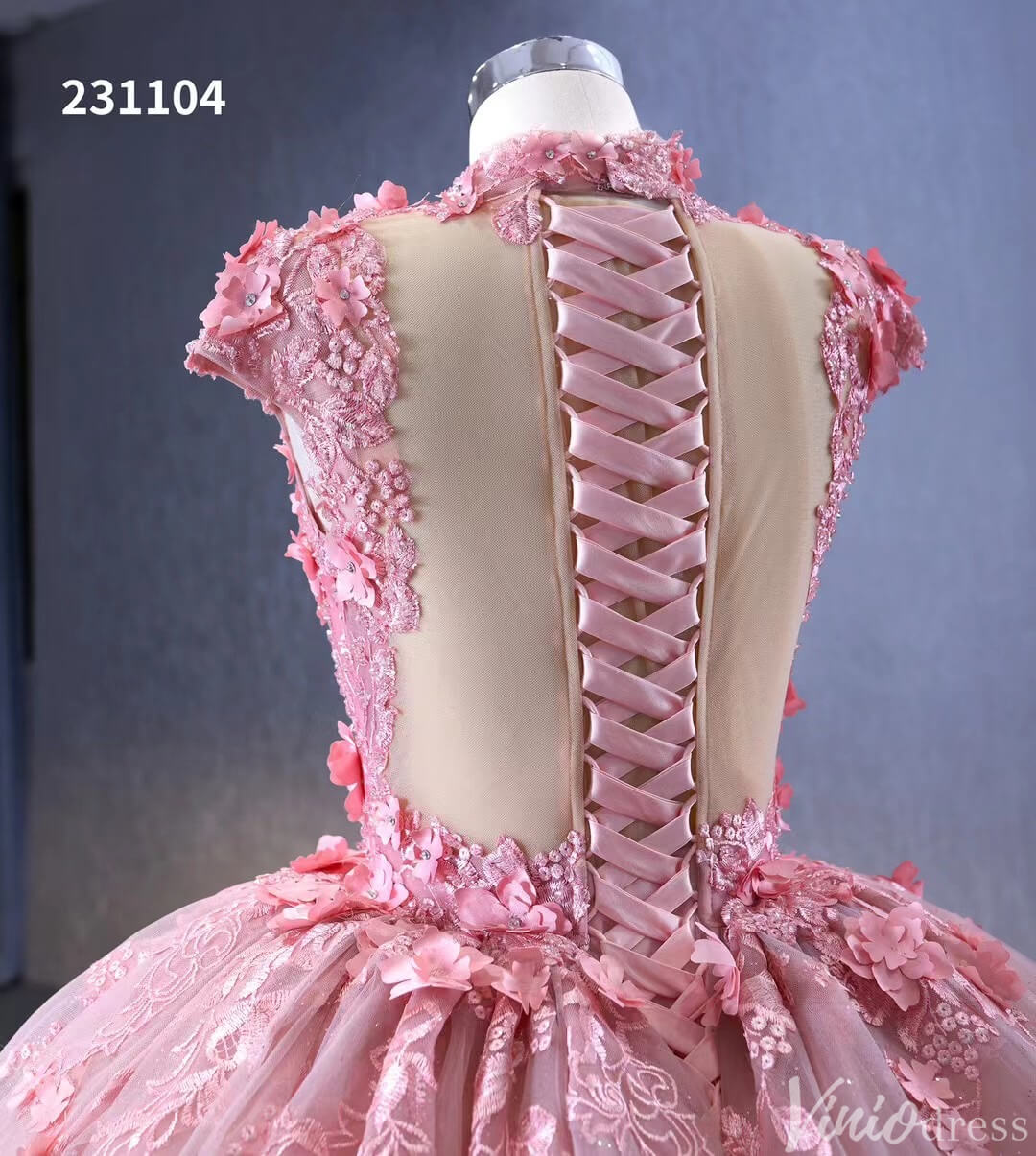 Pink Floral Princess Wedding Gown Cap Sleeve High Neck Quinceanera Dress 231104-Quinceanera Dresses-Viniodress-Viniodress