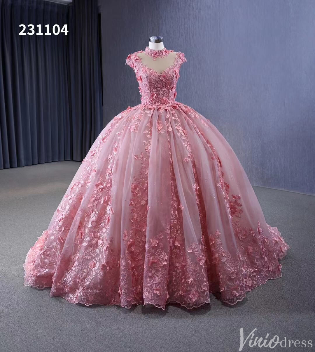 Pink Floral Princess Wedding Gown Cap Sleeve High Neck Quinceanera Dress 231104-Quinceanera Dresses-Viniodress-Pink-Custom Size-Viniodress