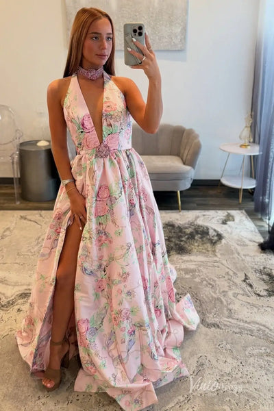 Pink Floral Print Halter Dress with Deep V plunge AS046 Viniodress Pink Floral Print Halter Dress with Deep V plunge AS046 Viniodress