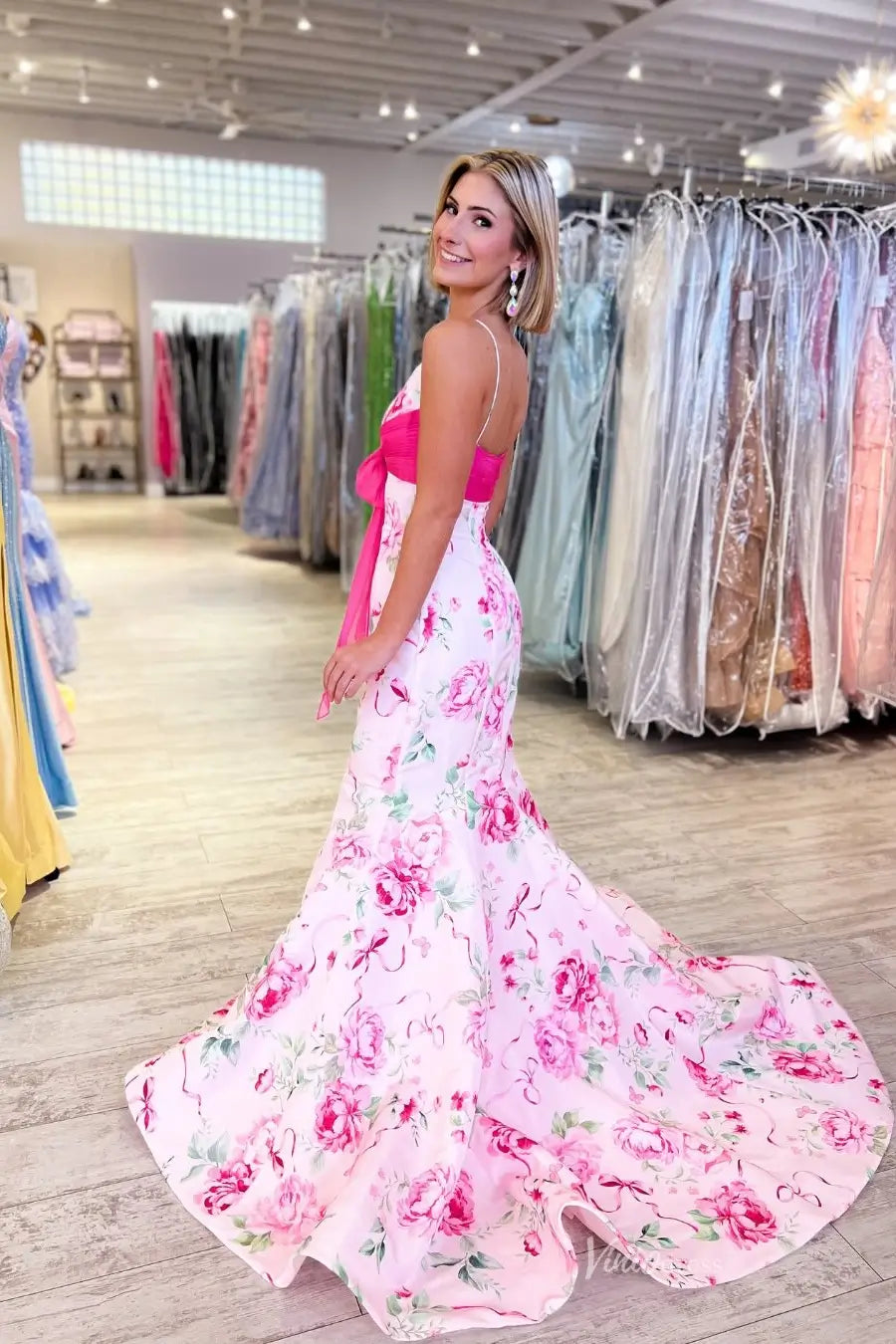 Pink Floral Print Mermaid Prom Dress with V Neck, Chiffon Waist Bow & Train SS309-prom dresses 2026-Viniodress-Pink-Custom Size-