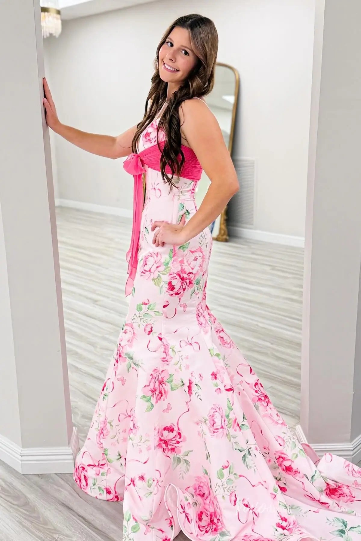 Pink Floral Print Mermaid Prom Dress with V Neck, Chiffon Waist Bow & Train SS309-prom dresses 2026-Viniodress-Pink-Custom Size-