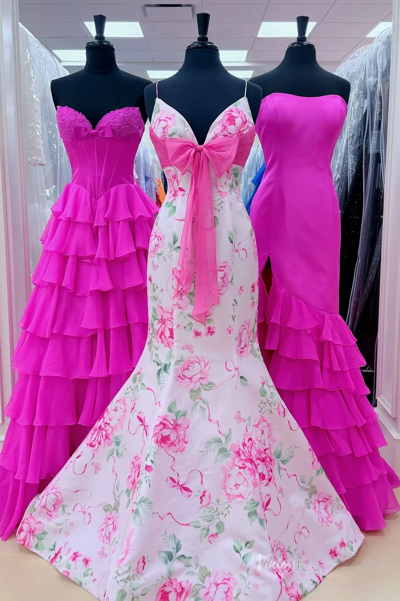 Pink Floral Print Mermaid Prom Dress with V Neck, Chiffon Waist Bow & Train SS309-prom dresses 2026-Viniodress-Pink-Custom Size-