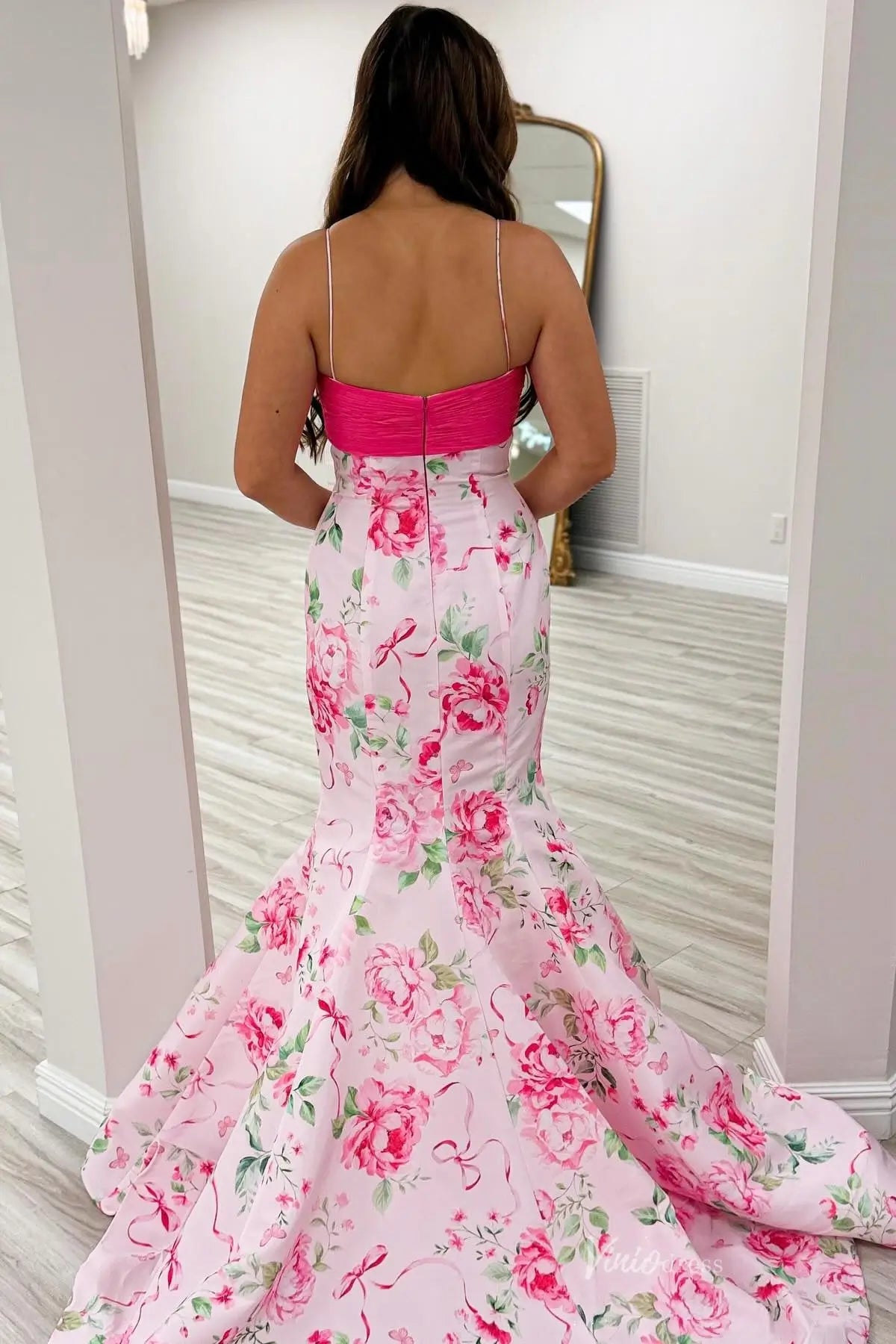 Pink Floral Print Mermaid Prom Dress with V Neck, Chiffon Waist Bow & Train SS309-prom dresses 2026-Viniodress-Pink-Custom Size-