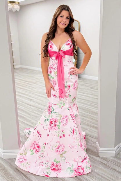 Pink Floral Print Mermaid Prom Dress with V Neck, Chiffon Waist Bow & Train SS309-prom dresses 2026-Viniodress-Pink-Custom Size-