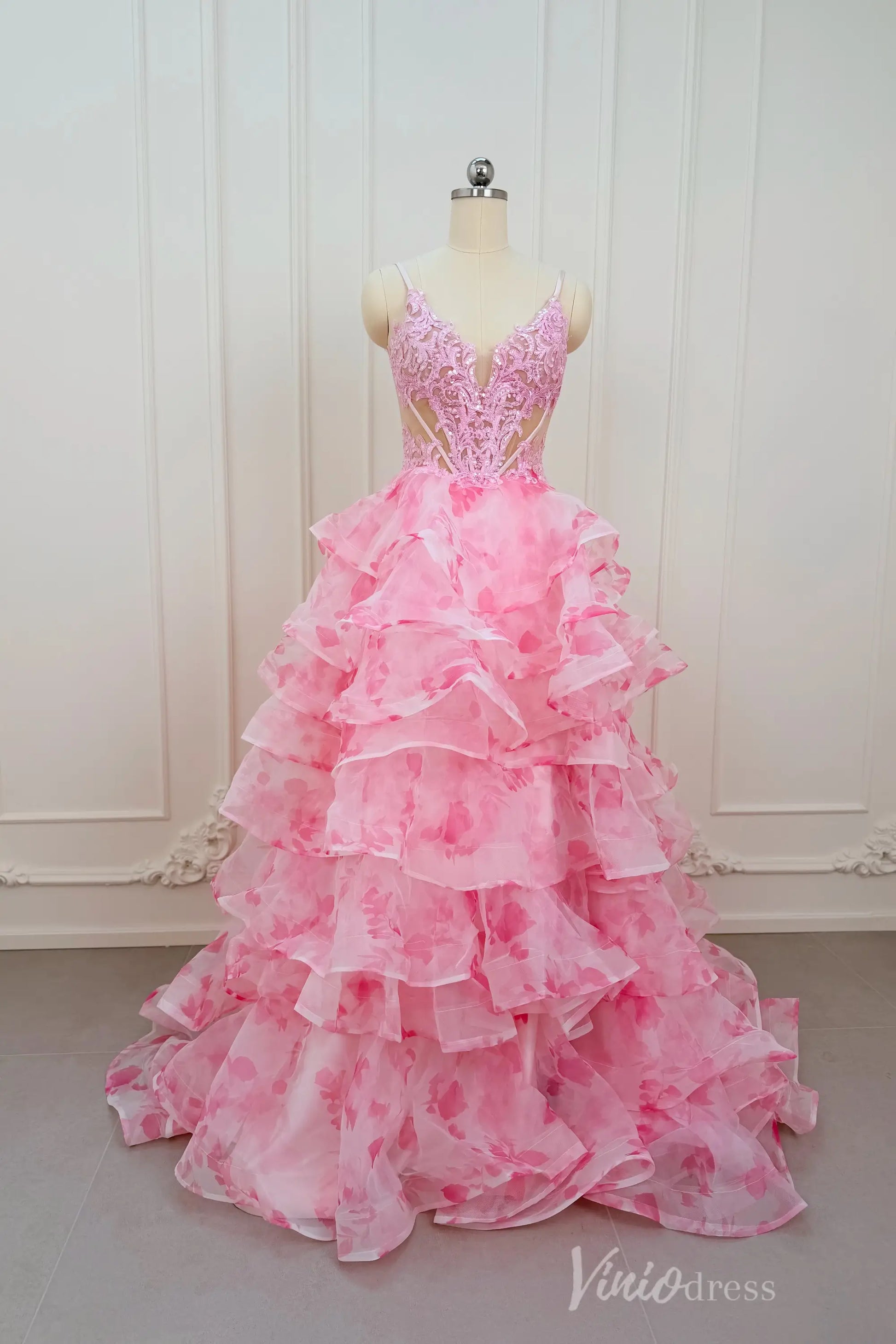 Pink Floral Print Prom Dress with Deep V Neck, Tiered Ruffle Skirt & Side Slit RF059-prom dresses 2026-Viniodress-Pink-Custom Size – Add Measurements in Cart-