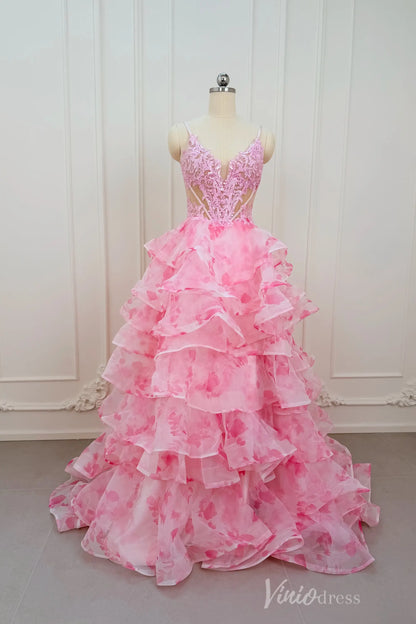 Pink Floral Print Prom Dress with Deep V Neck, Tiered Ruffle Skirt & Side Slit RF059-prom dresses 2026-Viniodress-Pink-Custom Size – Add Measurements in Cart-