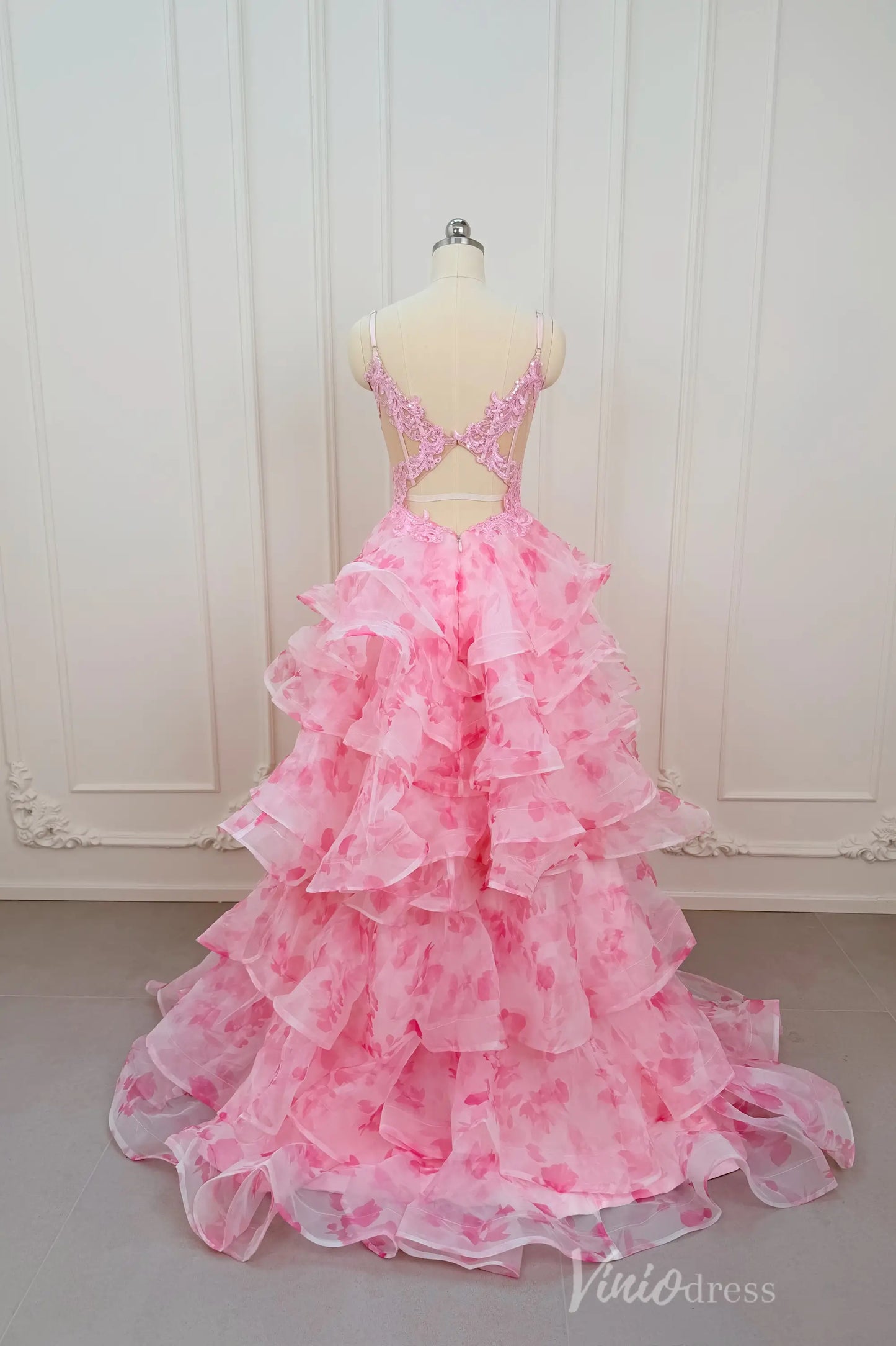 Pink Floral Print Prom Dress with Deep V Neck, Tiered Ruffle Skirt & Side Slit RF059-prom dresses 2026-Viniodress-Pink-Custom Size – Add Measurements in Cart-