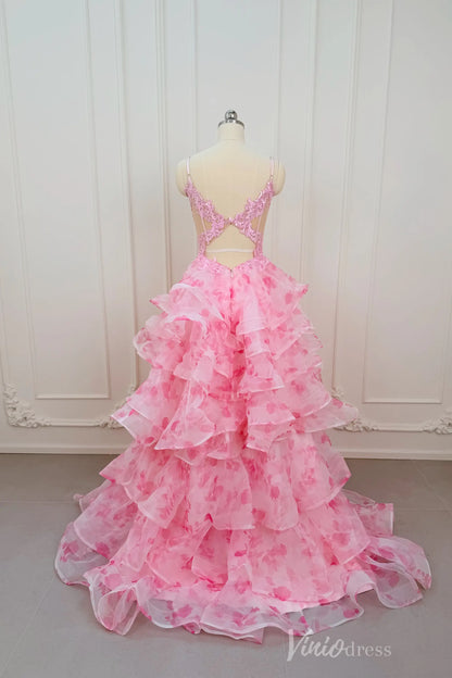 Pink Floral Print Prom Dress with Deep V Neck, Tiered Ruffle Skirt & Side Slit RF059-prom dresses 2026-Viniodress-Pink-Custom Size – Add Measurements in Cart-