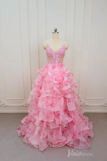 Pink Floral Print Prom Dress with Deep V Neck, Tiered Ruffle Skirt & Side Slit RF059-prom dresses 2026-Viniodress-Pink-Custom Size – Add Measurements in Cart-