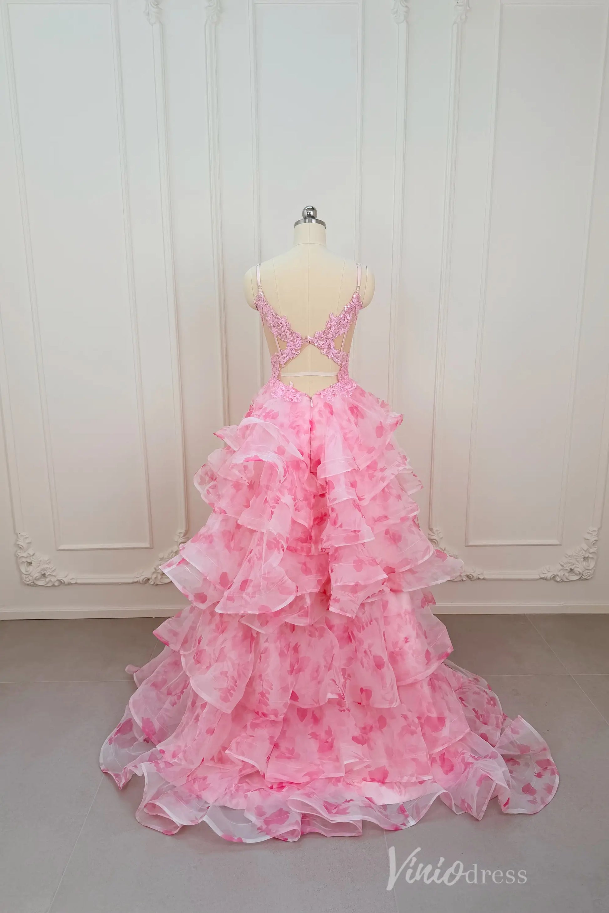 Pink Floral Print Prom Dress with Deep V Neck, Tiered Ruffle Skirt & Side Slit RF059-prom dresses 2026-Viniodress-Pink-Custom Size – Add Measurements in Cart-