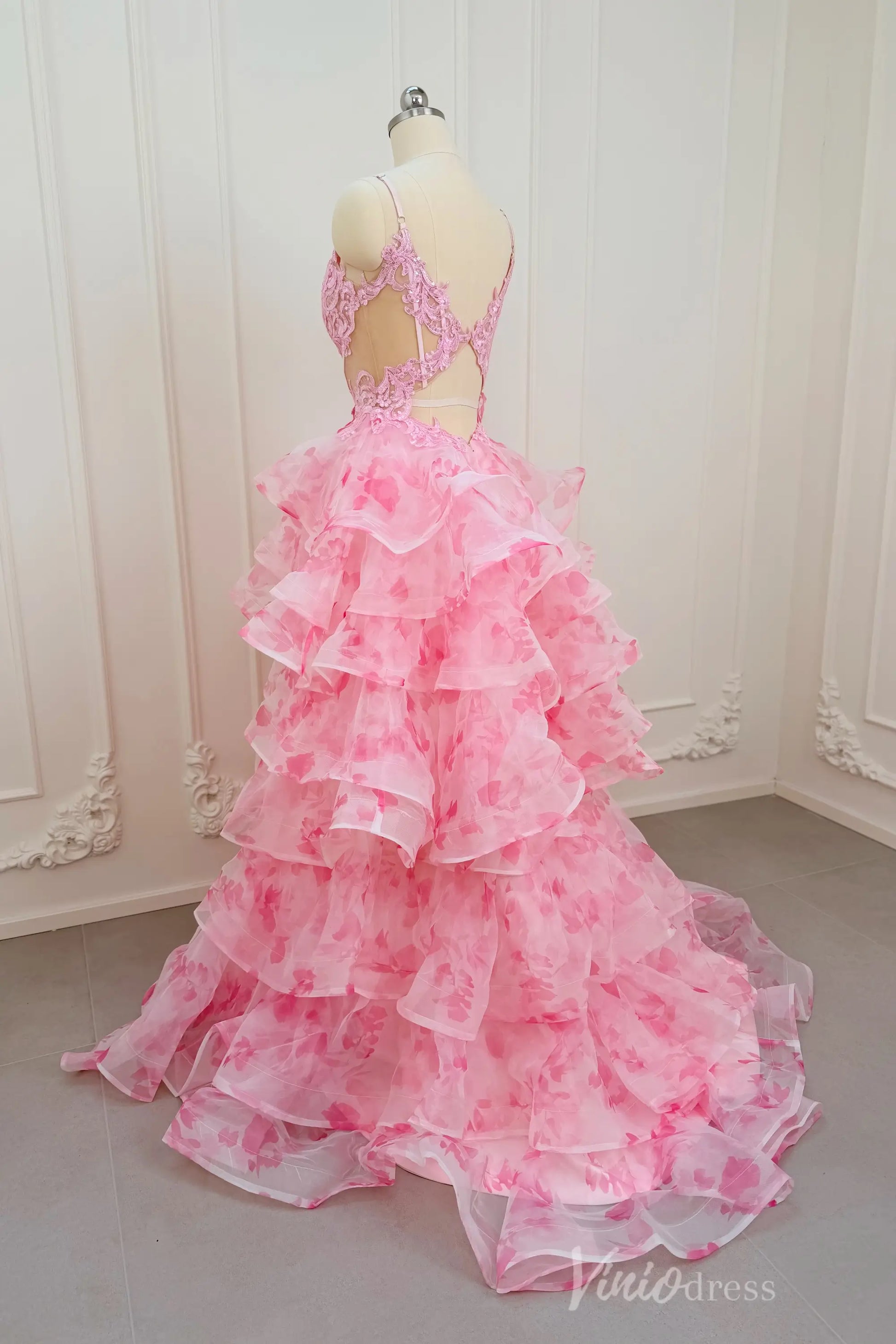 Pink Floral Print Prom Dress with Deep V Neck, Tiered Ruffle Skirt & Side Slit RF059-prom dresses 2026-Viniodress-Pink-Custom Size – Add Measurements in Cart-