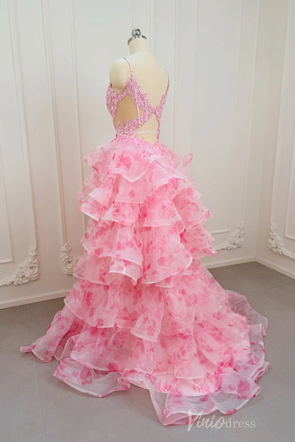 Pink Floral Print Prom Dress with Deep V Neck, Tiered Ruffle Skirt & Side Slit RF059-prom dresses 2026-Viniodress-Pink-Custom Size – Add Measurements in Cart-