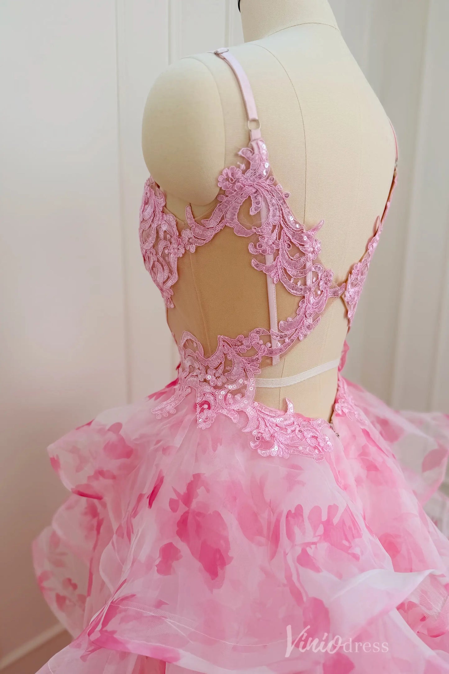 Pink Floral Print Prom Dress with Deep V Neck, Tiered Ruffle Skirt & Side Slit RF059-prom dresses 2026-Viniodress-Pink-Custom Size – Add Measurements in Cart-