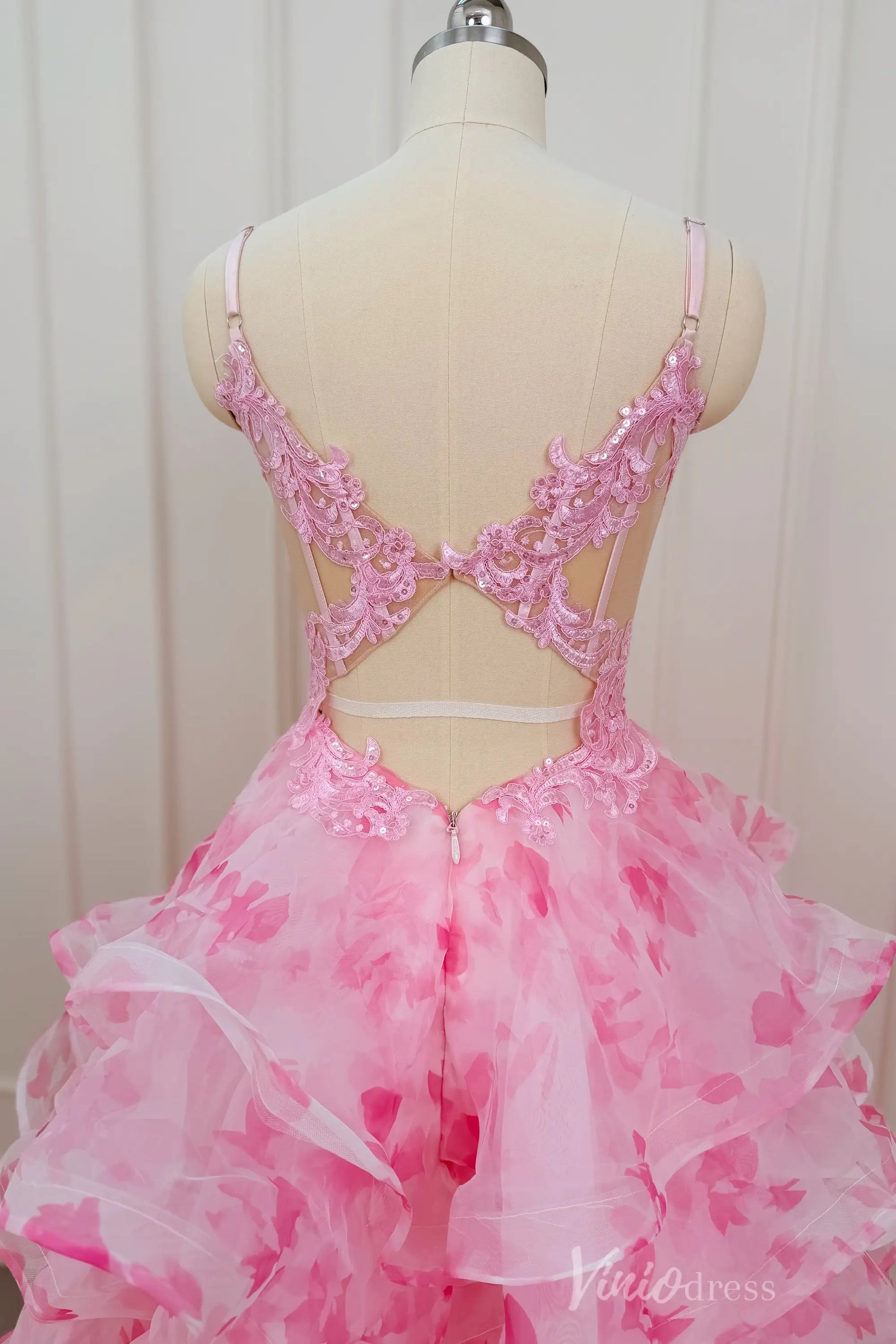Pink Floral Print Prom Dress with Deep V Neck, Tiered Ruffle Skirt & Side Slit RF059-prom dresses 2026-Viniodress-Pink-Custom Size – Add Measurements in Cart-