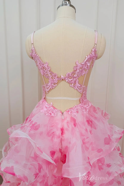 Pink Floral Print Prom Dress with Deep V Neck, Tiered Ruffle Skirt & Side Slit RF059-prom dresses 2026-Viniodress-Pink-Custom Size – Add Measurements in Cart-
