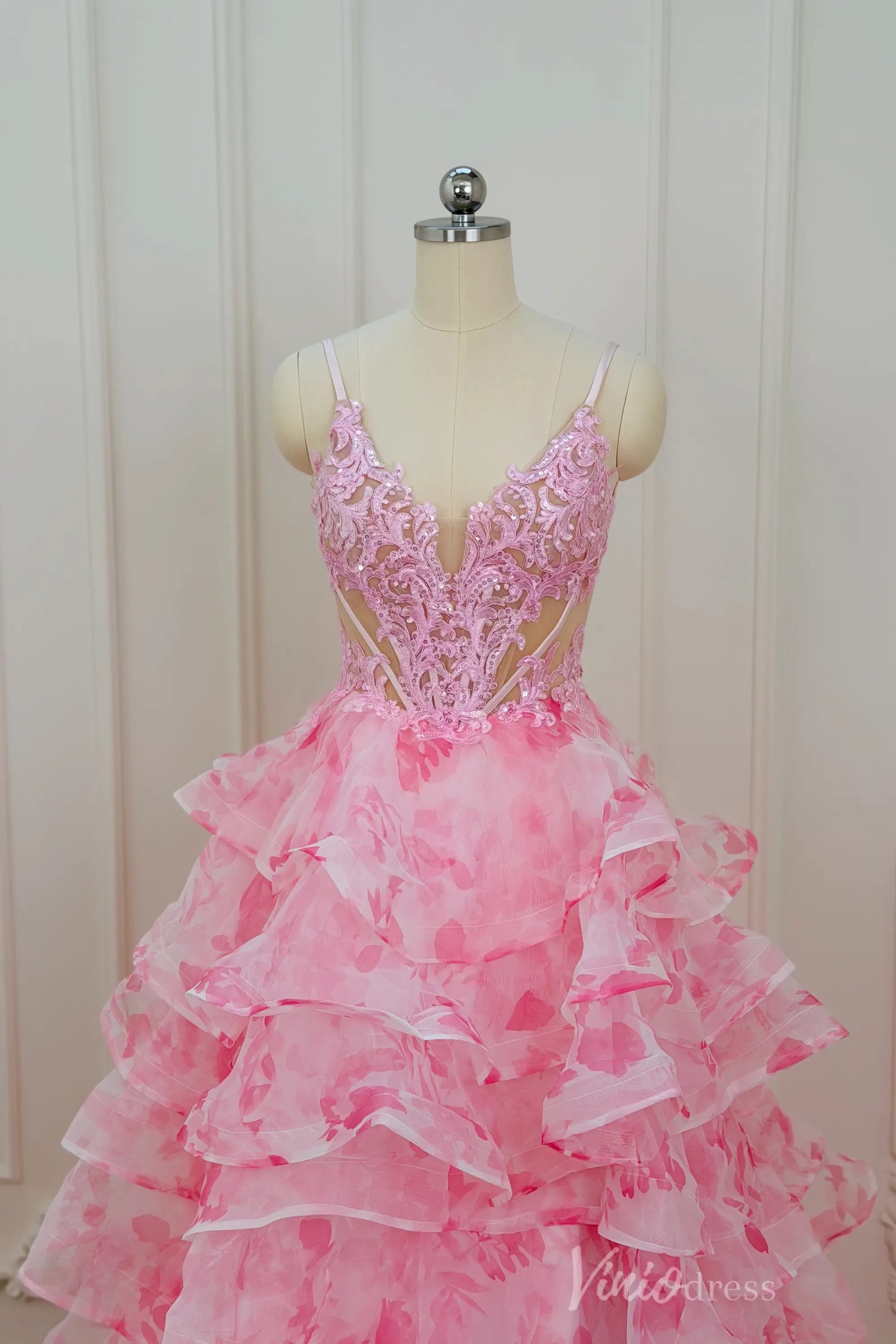 Pink Floral Print Prom Dress with Deep V Neck, Tiered Ruffle Skirt & Side Slit RF059-prom dresses 2026-Viniodress-Pink-Custom Size – Add Measurements in Cart-