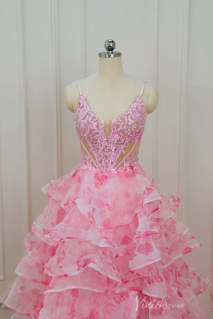 Pink Floral Print Prom Dress with Deep V Neck, Tiered Ruffle Skirt & Side Slit RF059-prom dresses 2026-Viniodress-Pink-Custom Size – Add Measurements in Cart-