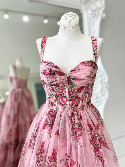 Pink Floral Print Prom Dress with Pleated Tulle, Sweetheart Neckline & Straps - FD6070-prom dresses 2025 -Viniodress-Pink-Custom Size-