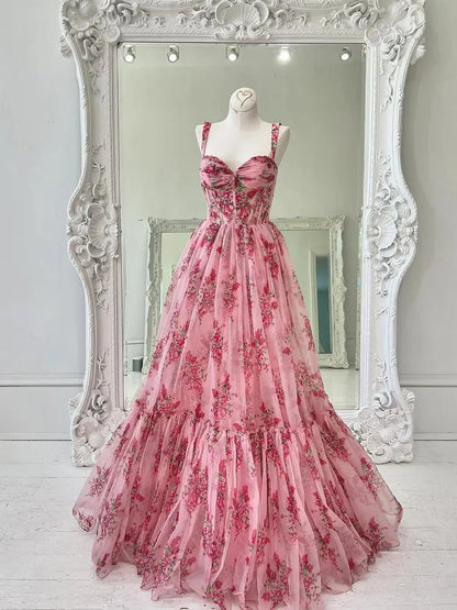 Pink Floral Print Prom Dress with Pleated Tulle, Sweetheart Neckline & Straps - FD6070-prom dresses 2025 -Viniodress-Pink-Custom Size-