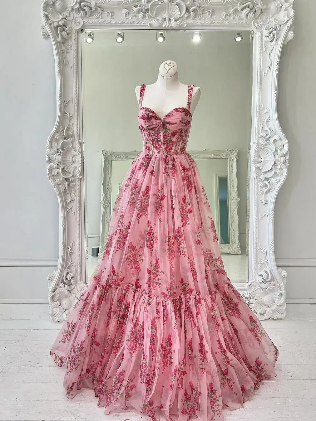 Pink Floral Print Prom Dress with Pleated Tulle, Sweetheart Neckline & Straps - FD6070-prom dresses 2025 -Viniodress-Pink-Custom Size-