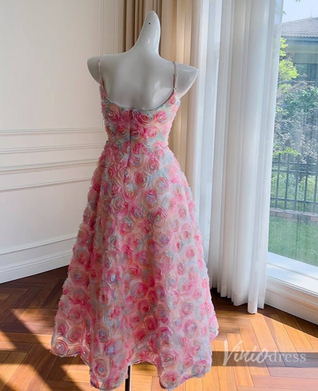 Pink Floral Print Prom Dresses Spaghetti Strap Rosette Dress FD4031-prom dresses 2025 -Viniodress-Pink-Custom Size-