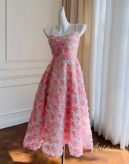 Pink Floral Print Prom Dresses Spaghetti Strap Rosette Dress FD4031-prom dresses 2025 -Viniodress-Pink-Custom Size-