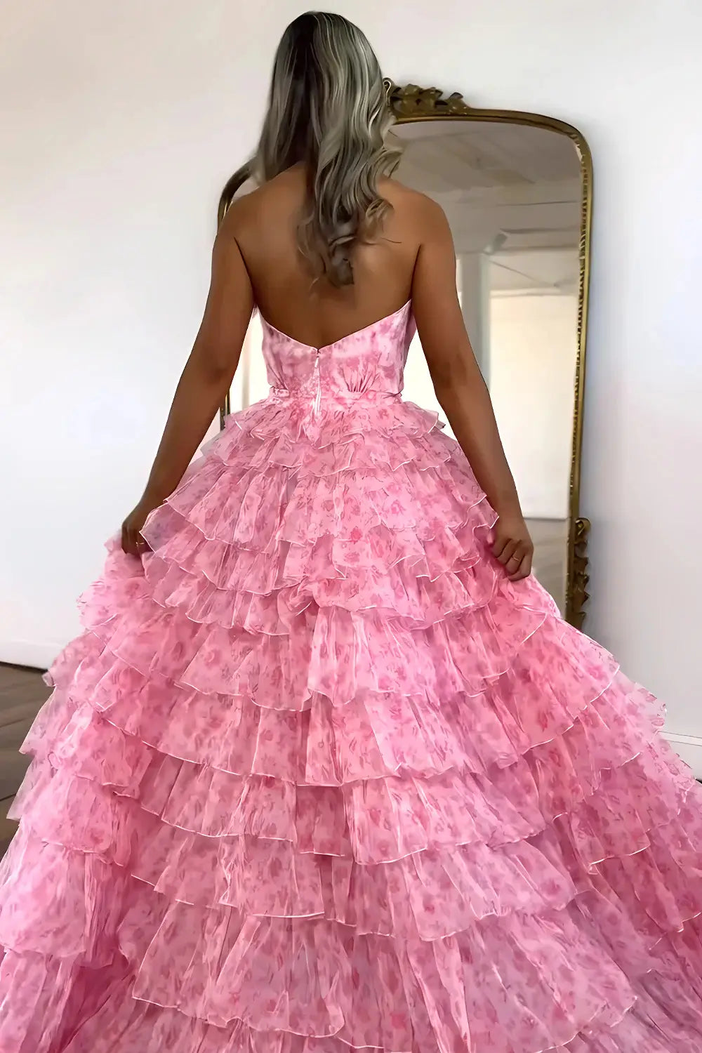 Pink Floral Print Tiered Ruffle Ball Gown Prom Dress with Plunging V Neck & Halter Straps – RFH02-prom dresses 2026-Viniodress-Pink-Custom Size – Add Measurements in Cart-