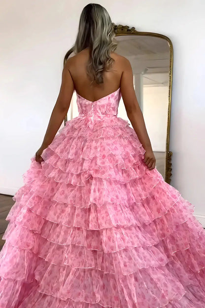 Pink Floral Print Tiered Ruffle Ball Gown Prom Dress with Plunging V Neck & Halter Straps – RFH02-prom dresses 2026-Viniodress-Pink-Custom Size – Add Measurements in Cart-