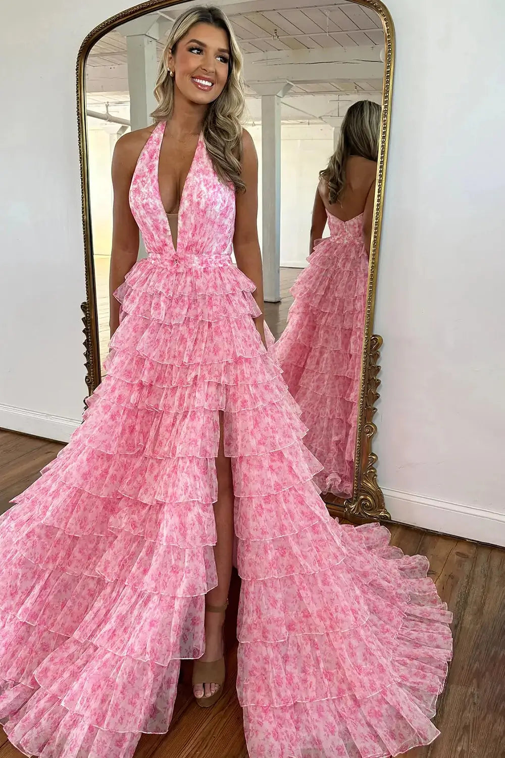 Pink Floral Print Tiered Ruffle Ball Gown Prom Dress with Plunging V Neck & Halter Straps – RFH02-prom dresses 2026-Viniodress-Pink-Custom Size – Add Measurements in Cart-