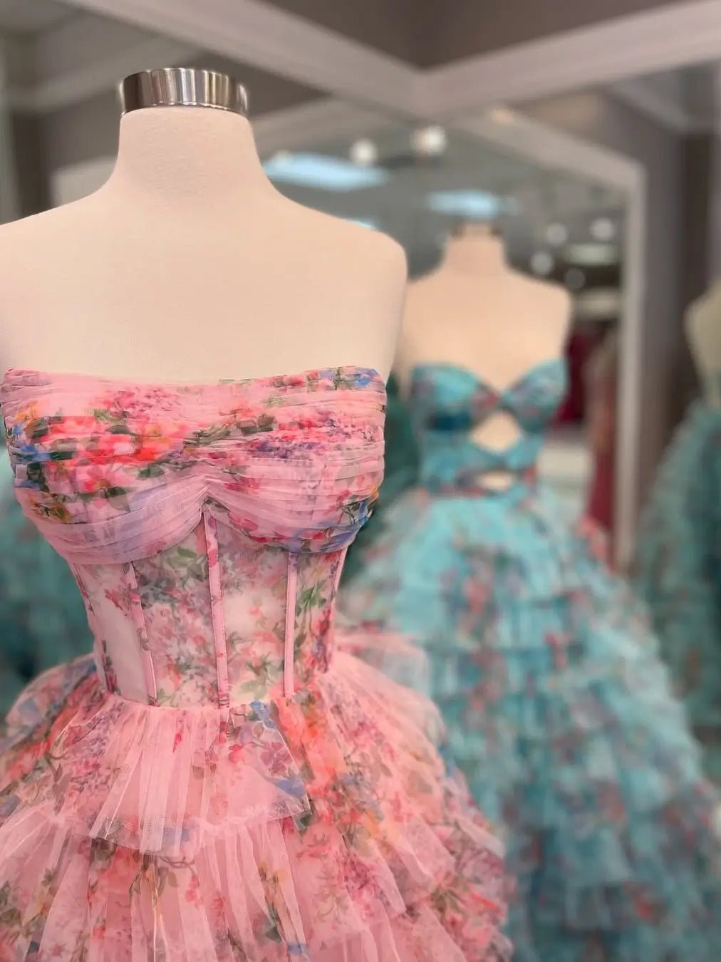 Pink Floral Print Tulle Prom Dress with Ruched Neckline & Ruffled Bottom - FD6075-prom dresses 2025 -Viniodress-Pink-Custom Size-