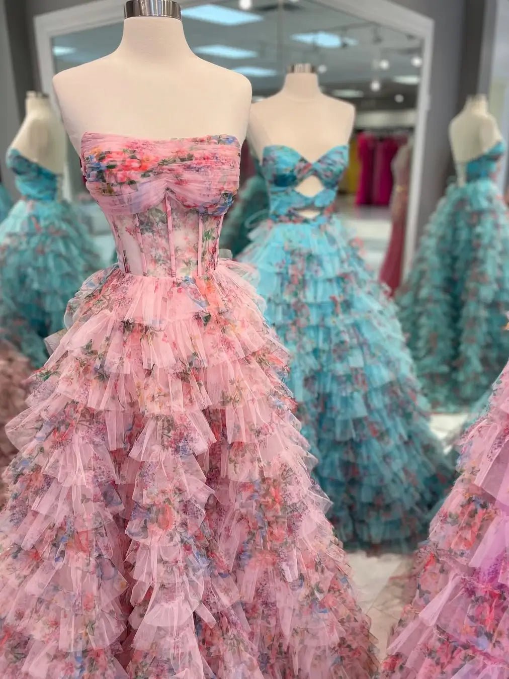 Pink Floral Print Tulle Prom Dress with Ruched Neckline & Ruffled Bottom - FD6075-prom dresses 2025 -Viniodress-Pink-Custom Size-