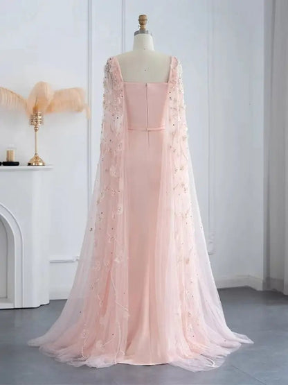 Pink Floral Prom Dresses Beaded Cape Sleeves Square Neck Sheath Formal Dresses 20084-Evening Dresses 2025 -Viniodress-Pink-US 2-