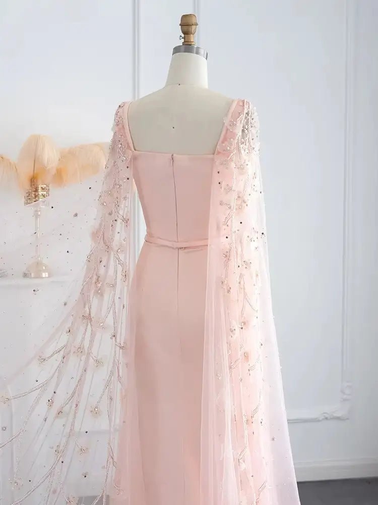 Pink Floral Prom Dresses Beaded Cape Sleeves Square Neck Sheath Formal Dresses 20084-Evening Dresses 2025 -Viniodress-Pink-US 2-