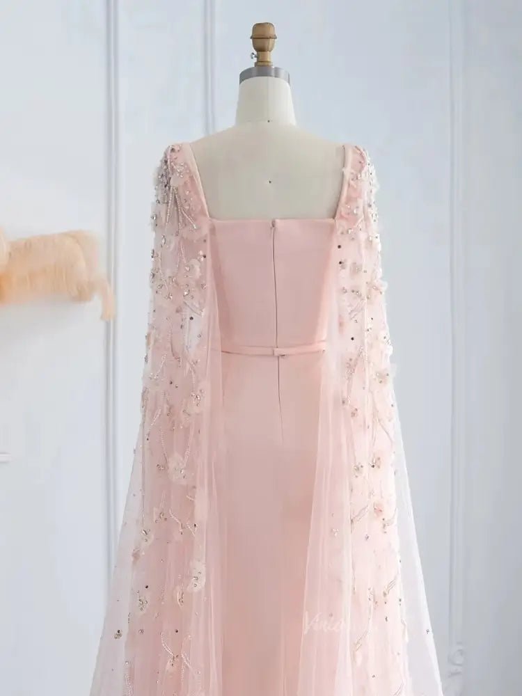 Pink Floral Prom Dresses Beaded Cape Sleeves Square Neck Sheath Formal Dresses 20084-Evening Dresses 2025 -Viniodress-Pink-US 2-