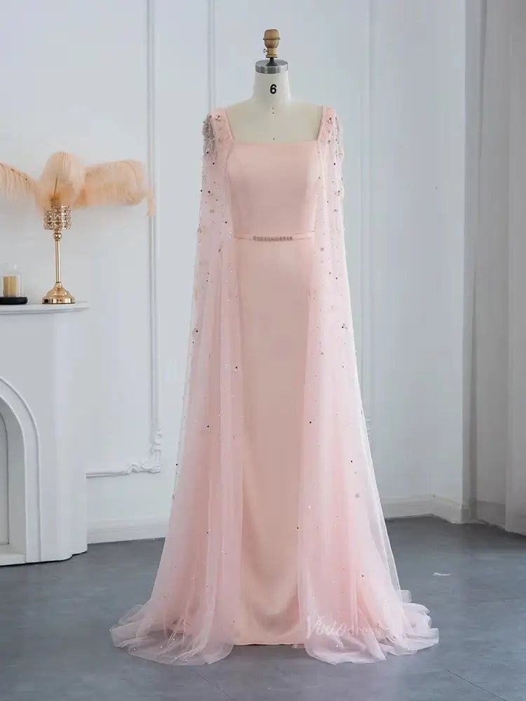 Pink Floral Prom Dresses Beaded Cape Sleeves Square Neck Sheath Formal Dresses 20084-Evening Dresses 2025 -Viniodress-Pink-US 2-