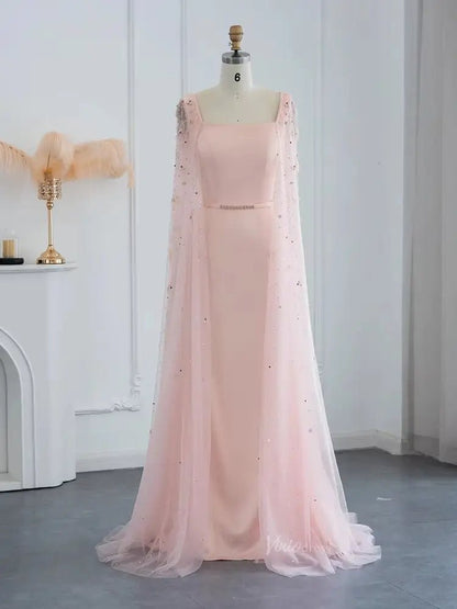 Pink Floral Prom Dresses Beaded Cape Sleeves Square Neck Sheath Formal Dresses 20084-Evening Dresses 2025 -Viniodress-Pink-US 2-