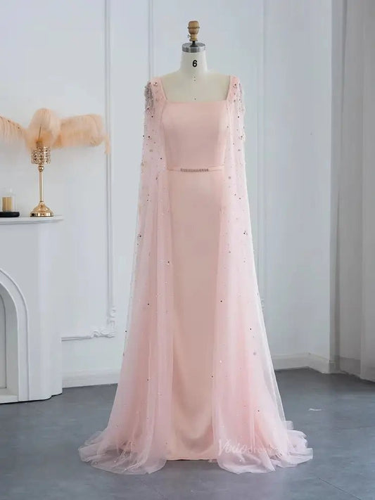 Pink Floral Prom Dresses Beaded Cape Sleeves Square Neck Sheath Formal Dresses 20084-Evening Dresses 2025 -Viniodress-Pink-US 2-