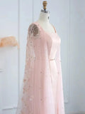 prom dresses 2025 Pink Floral Prom Dresses Beaded Cape Sleeves Square Neck Sheath Formal Dresses 20084-plus size wedding dresses Viniodress-Pink-US 2-