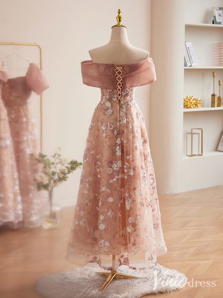 Pink Floral Sequin Lace Maxi Dress Off the Shoulder Short Prom Dresses 90074-prom dresses 2025 -Viniodress-Pink-Custom Size-
