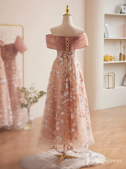 Pink Floral Sequin Lace Maxi Dress Off the Shoulder Short Prom Dresses 90074-prom dresses 2025 -Viniodress-Pink-Custom Size-