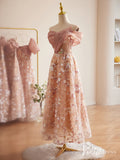 Pink Floral Sequin Lace Maxi Dress Off the Shoulder Short Prom Dresses 90074-prom dresses-Viniodress-Viniodress