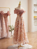 Pink Floral Sequin Lace Maxi Dress Off the Shoulder Short Prom Dresses 90074-prom dresses-Viniodress-Viniodress