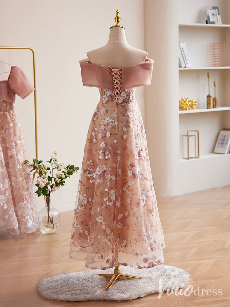 Pink Floral Sequin Lace Prom Dresses Off the Shoulder Maxi Dress 90073-prom dresses 2025 -Viniodress-Pink-Custom Size-