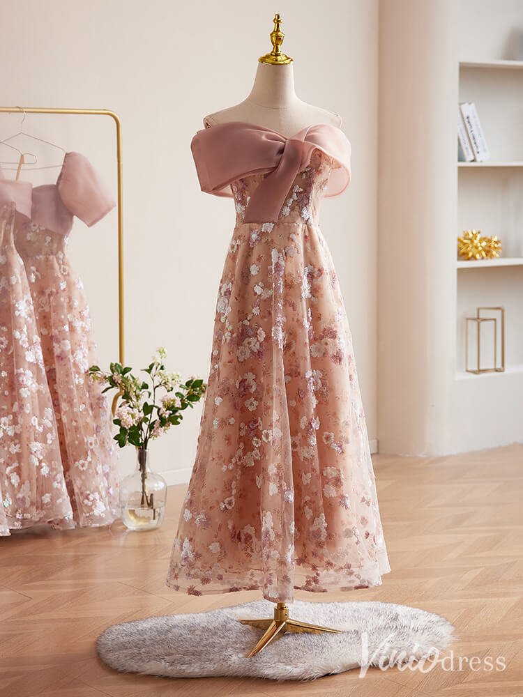Pink Floral Sequin Lace Prom Dresses Off the Shoulder Maxi Dress 90073-prom dresses 2025 -Viniodress-Pink-Custom Size-
