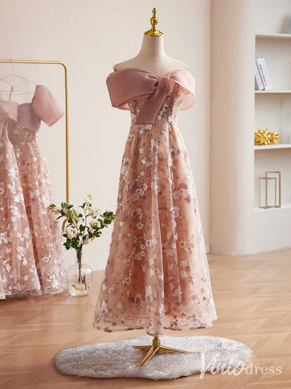 Pink Floral Sequin Lace Prom Dresses Off the Shoulder Maxi Dress 90073-prom dresses 2025 -Viniodress-Pink-Custom Size-