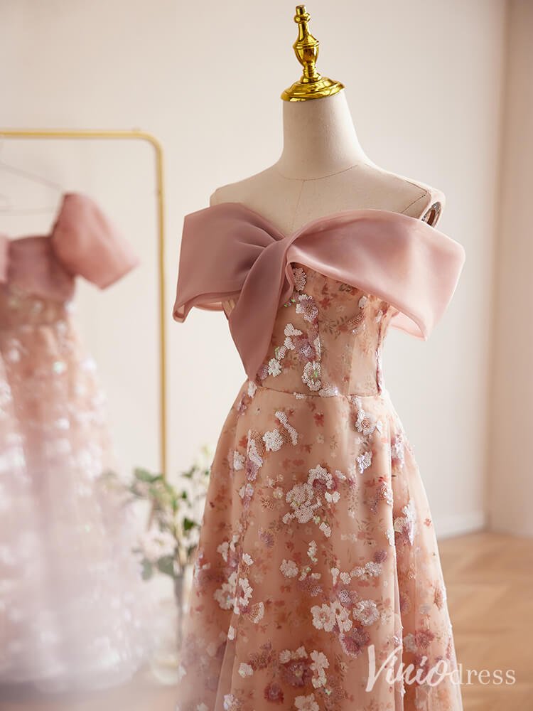 Pink Floral Sequin Lace Prom Dresses Off the Shoulder Maxi Dress 90073-prom dresses 2025 -Viniodress-Pink-Custom Size-